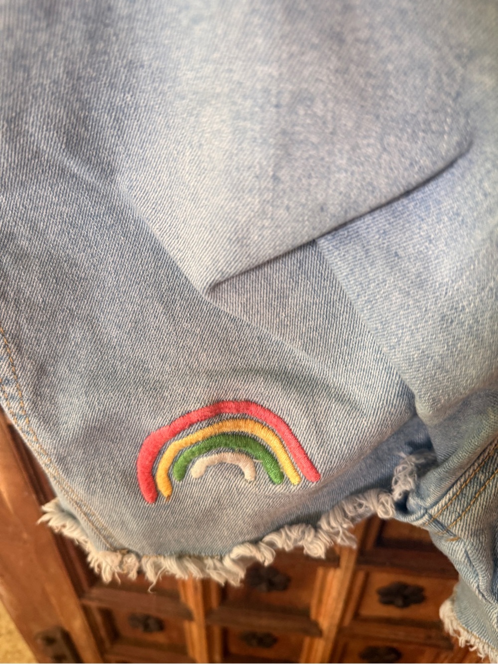 vintage Light Blue Denim Short Overalls with Rainbow Straps - Picture 2 of 6